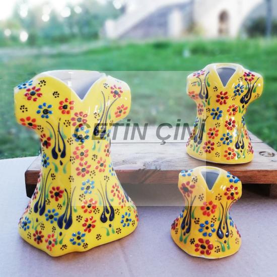El İşlemesi Çini 3’lü Dantel Sarı Kaftan Seti