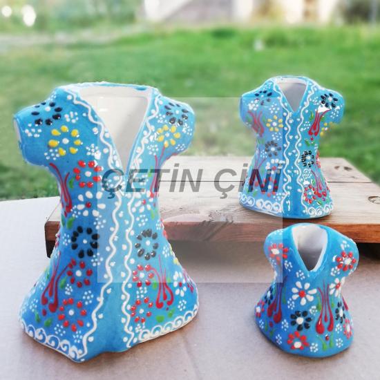 El İşlemesi Çini 3’lü Dantel Mavi Kaftan Seti