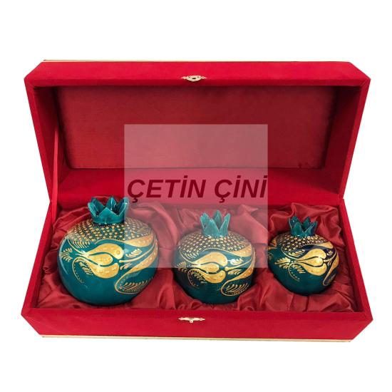 El İşlemesi Çini Kadife Kutulu Turkuaz Yeşil Yaldızlı Nar Takımı