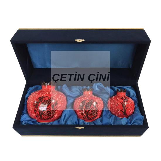 El İşlemesi Çini Kadife Kutulu Otantik Kırmızı Nar Takımı