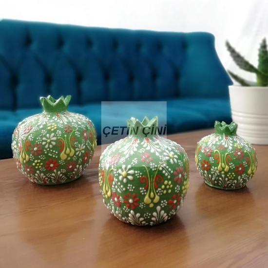 El İşlemesi Çini Dantel Yeşil 3’lü Nar Seti