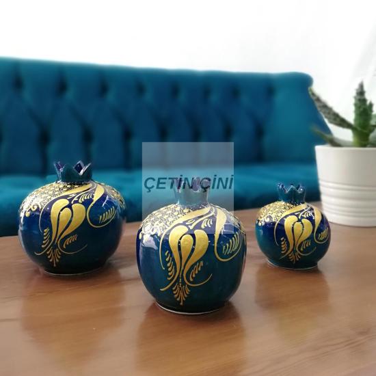 El İşlemesi Çini 3’lü Yaldızlı Turkuaz Yeşil Nar Takımı