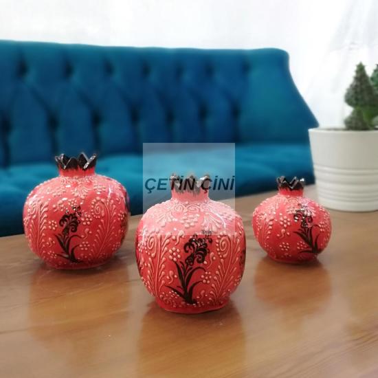 El İşlemesi Çini 3’lü Otantik Kırmızı Nar Takımı