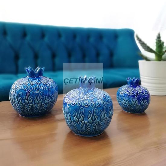 El İşlemesi Çini 3’lü Turkuaz Mavi Nar Takımı